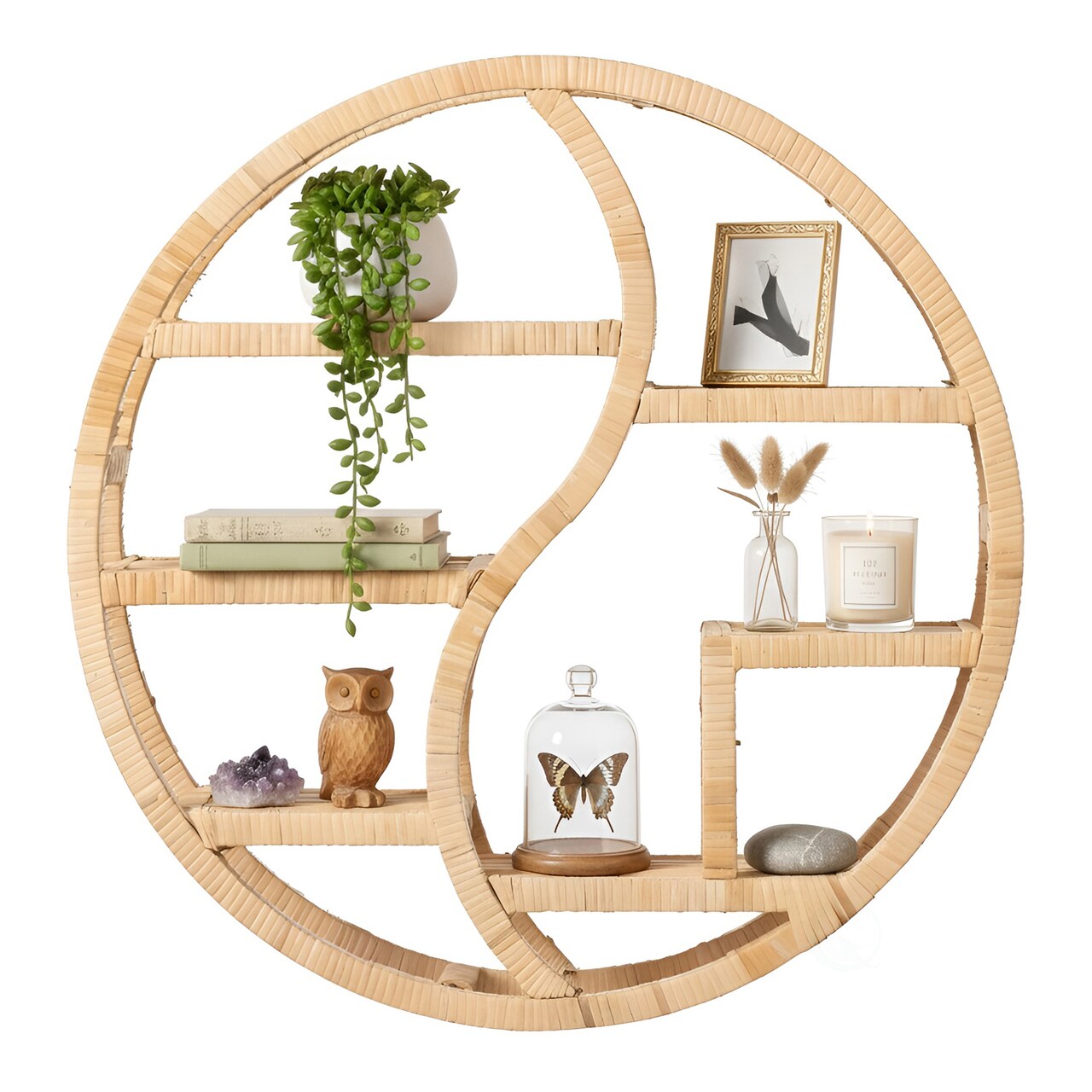 Vintiquewise Round Bamboo Wall Shelf with 3-Tier Wooden Display Sections Boho Circle Hanging Shelf for Living Room Bedroom Entryway & Home Decor – Decorative Circular Storage Rack for Small Plants Accents and Collectibles